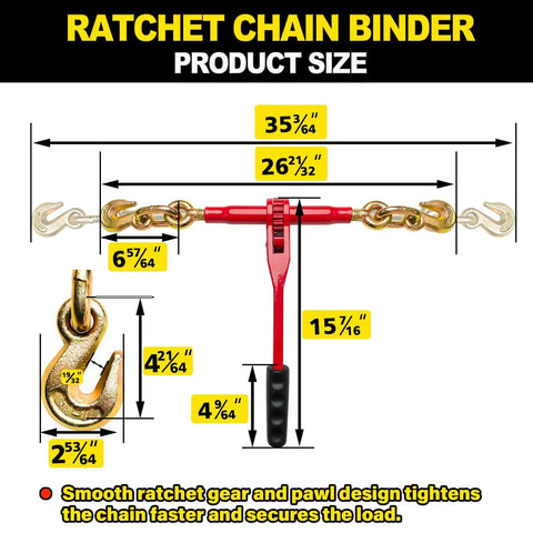 Diagram of Heavy Duty Ratchet Chain Binder Three Eighths To One Half Inch With Clevis Hooks, showing dimensions and features.