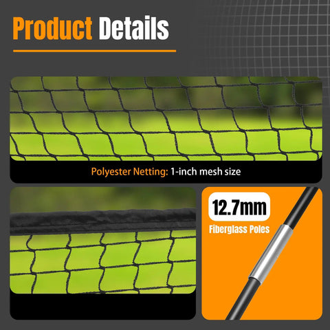 Close-up of 1-inch mesh polyester netting and 12.7mm fiberglass poles for Backyard Baseball Batting Cage 30ft With Frame And Netting For Hitting And Pitching Practice Durable Polyester Netting And Fiberglass Poles For Daily Training 30ft By 10ft By 8ft