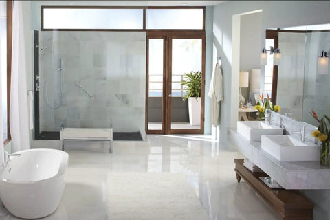 Bathroom with Chrome 24 Inch Stainless Steel Bathroom Grab Bar Heavy Duty Safety Rail With 1.25 Inch Diameter Supports Up To 500 Lbs Mirror Finish.