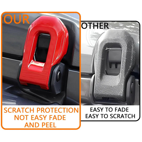 Comparison of Red ABS Hood Latch Covers 2pc for Jeep Wrangler JL JLU Gladiator JT on the left and a faded cover on the right.
