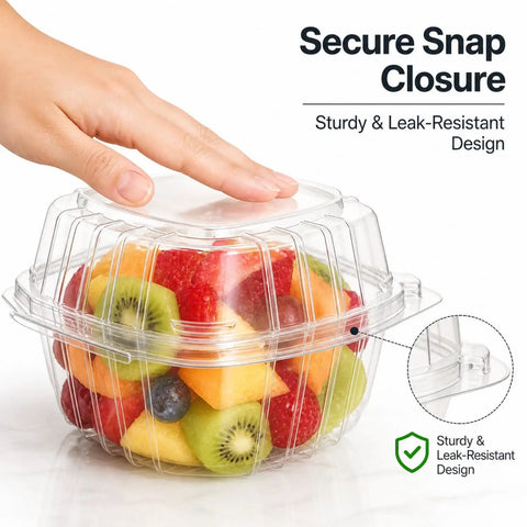 Snag This 50 Pack Super Sealed Hinged Food Containers With Secure Flip Top Lids For Cake Slices Pastries And Quick Bites Totally Leak Proof Square Clamshell Boxes For On The Run Delivery with assorted fruit inside.