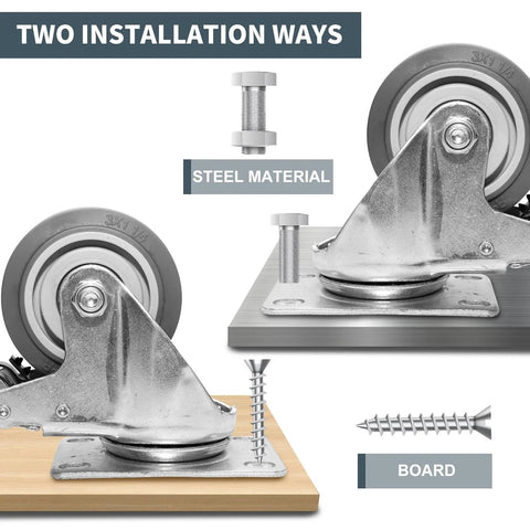 Two installation methods for heavy duty 5 inch caster wheels set, 4 pack, includes 2 locking swivel casters and 2 rigid casters.