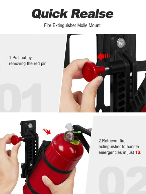 Quick Pull Molle Panel Fire Extinguisher Mount With No Fuss Quick Draw Pin for fast access, shown in use with red pin.