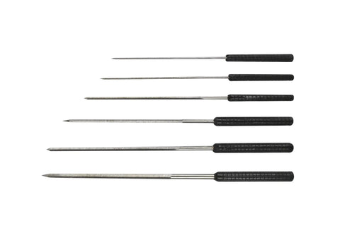 Six Large Cutting Broaches In Case 0.80 To 2.30 Millimeters Set For Hole Enlargement And Alignment Pro Grade Jewelry Making And Wax Work Kit Pre Tap And Die Prep With Handy Plastic Handles arranged in a row