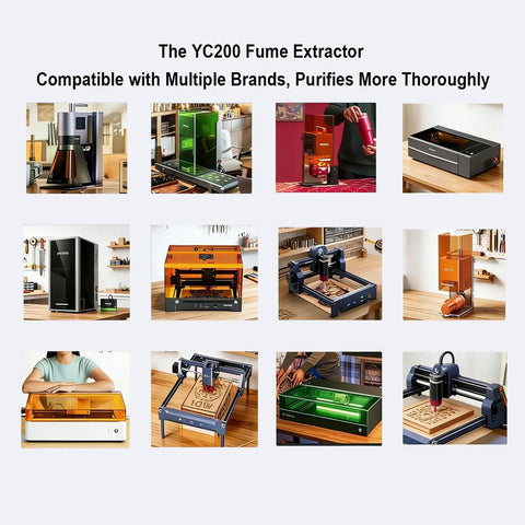 Collage of YC200 Laser Fume Extractor compatible with various laser engravers under 60W including xTool S1 M1 series.