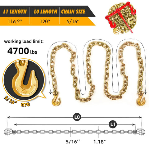 Badass Two Pack Ratchet Load Binder With Grade 70 Hook To Hook Five Sixteen Inch By Ten Foot Chains, chain size 5/16 inch, 4700 lbs WLL.