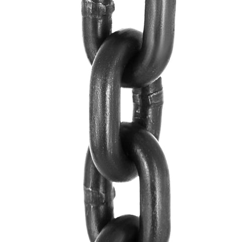 Close-up of Heavy Duty 3 Eighth Inch By 5 Foot Double Leg Chain Sling With Grab Hooks G80 Manganese Steel Chain Ultra Tough Lifting Slings For Industrial Use 8800 Lb Working Capacity 4 Ton Lift Capacity links
