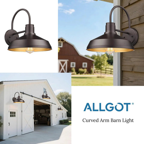 Collage of Gooseneck Outdoor Barn Light Wall Sconce Set Exterior Porch Lighting in oil-rubbed bronze on barn and garage.