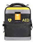 Front view of AED defibrillator pouch, two-layer black/gray/yellow bag with reflective strips