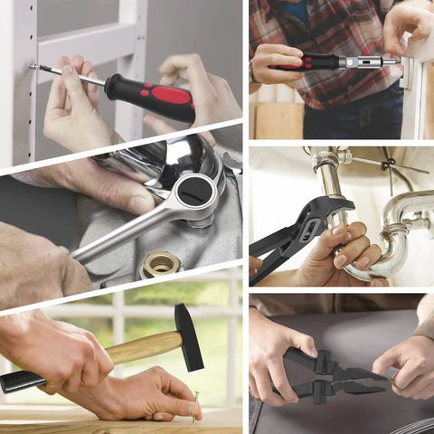 Collage of tools from 133 Piece Power Tool Kit Set With 20V Cordless Drill Half Inch All Metal Chuck for DIY projects