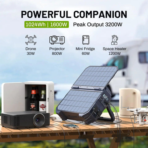 1600W Portable Power Station With 1024Wh LiFePO4 Battery And Built In Solar Panel in outdoor setup with devices