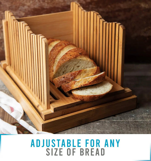 No Mess Bamboo Bread Slicer For Homemade Loaves Adjustable Foldable Bread Cutter With Crumble Tray Compact Cutting Board For Even Thin Or Thick Slices Eco Friendly Kitchen Gadget with sliced loaf on board
