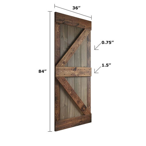 Side view of 36-Inch By 84-Inch K Series Multi Color Knotty Pine Sliding Barn Door With Hardware Kit Smoky Gray Kona Coffee Finish.