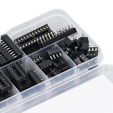 66 Piece DIP IC Sockets Assortment 6 Pin To 28 Pin Flat For PCB Prototyping And DIY Electronics Projects Double Row Insulated Plastic Chip Socket Connectors in clear organizer box.