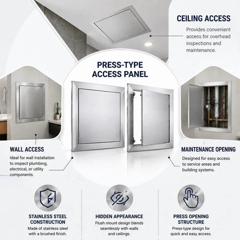 No Sweat Push To Open Drywall Access Panel Heavy Duty Flush Inspection Door For Ceilings shown in a bathroom setting, stainless steel with flush mount design.