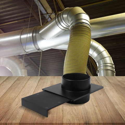 Heavy Duty 100Mm Dust Hose Adapter For Vacuum Cleaners With Robust Abs Plastic Construction placed under metallic ducts.