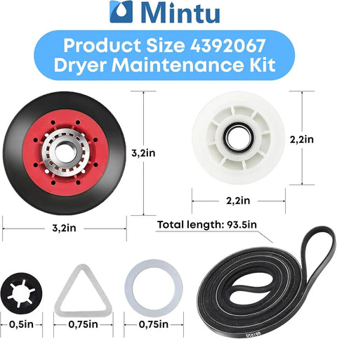 Complete Dryer Repair Kit Featuring Four Drum Support Rollers An Idler Pulley Assembly And Durable Belt To Quiet The Racket And Restore Buttery Smooth Operation For Your Laundry Gear, includes sizes and specifications.