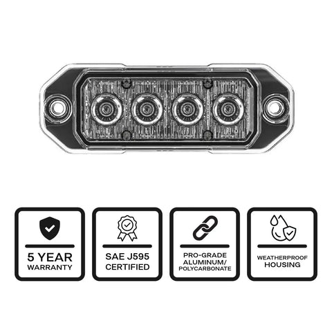 Battle Tested Led Caution Light Featuring Four High Output Surface Mount Beacons For Tow Trucks And Utility Fleet With Dual Memory Flash Patterns And Crisp Green Lens Optics, showing 4 LEDs in waterproof housing.