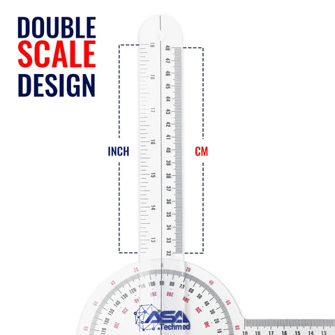 Six Piece Spinal Goniometer Set With 360 Degree Protractor And Finger Goniometer showing double scale design with inch and cm.