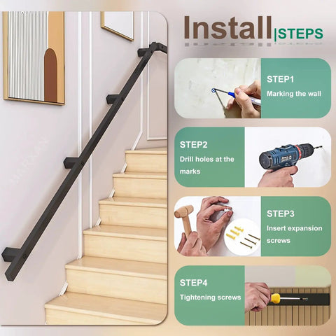 Installation steps for Rock Solid Wrought Iron Stair Railing Black Handrail, showcasing wall marking and screw mounting process.