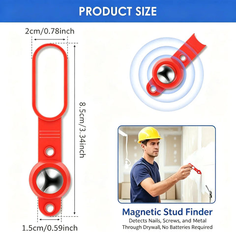 Heavy Duty Magnetic Stud Finder 8 Piece Set Real Deal Drywall Scanner dimensions with red design shown in use on wall.