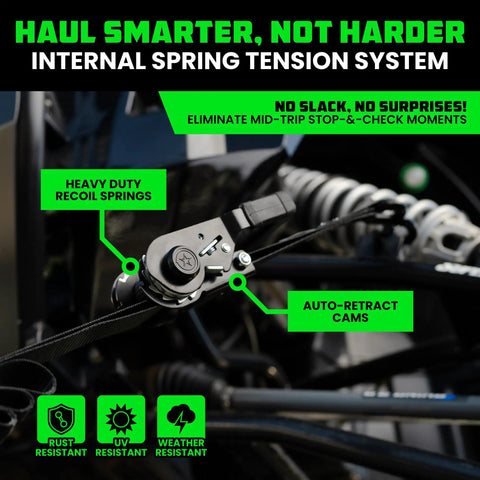 Heavy Duty Self Tensioning Ratchet Straps 2 Pack with internal spring tension system for trucks and trailers.