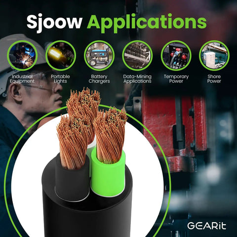 Close-up of 50 Ft 10/3 SJOOW Portable Electrical Cord 10 AWG 3 Conductor 300V Flexible Copper Power Cable with applications