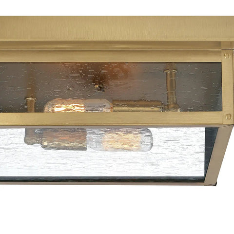 Close-up of Outdoor Flush Mount Ceiling Light 12 Inch Two Light Antique Brass Industrial Lantern With Seeded Glass