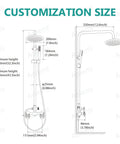 Outdoor Shower Kit With 8 Inch Rainfall Head, Handheld Sprayer, Exposed Shower Pipe dimensions and adjustable height guide.