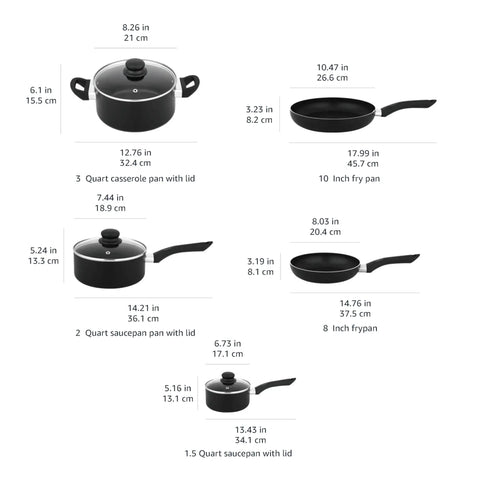 Hassle Free Ceramic Nonstick Eight Piece Pots And Pans Set With Cool Grip Soft Handles showing sizes and details of cookware.