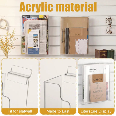 Two Pack Slatwall Magazine Display Pockets Clear Acrylic Literature Holders 8.5 W X 11 H X 2.5 D installed on a wall