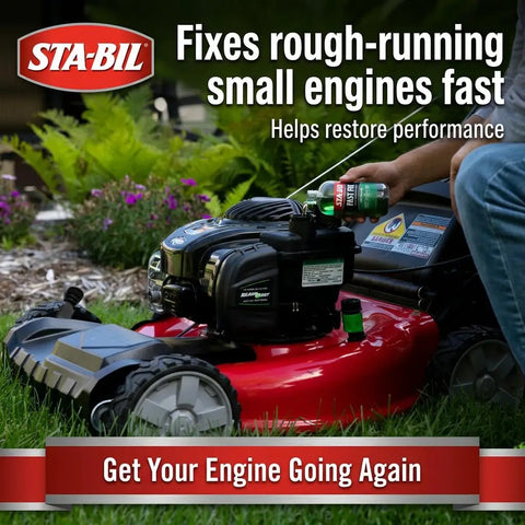 Kickstart Your Rig Small Engine Fuel Treatment And Carb Cleaner used on a lawn mower to restore engine performance outdoors.