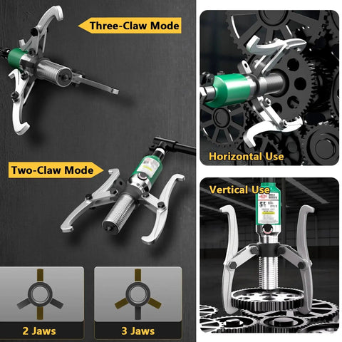 Hydraulic Wheel Bearing Puller Kit With Versatile 2/3 Jaw Gear Puller, showing two-claw and three-claw modes for repairs