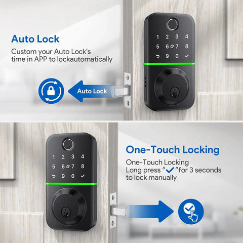 Super Slick Smart Door Lock Deadbolt With Keypad And Quick Fingerprint Reader For Absolute Game Changing Keyless Entry Auto Locking Setup With Bluetooth App Control And Spare Keys featuring Auto Lock and One-Touch Locking functions on a door.
