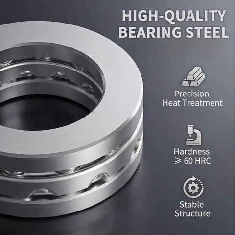 Close-up of 4 pcs 51205 heavy duty thrust ball bearings 25 mm bore, 47 mm outer diameter, 15 mm width with washers, pro grade P5 precision.