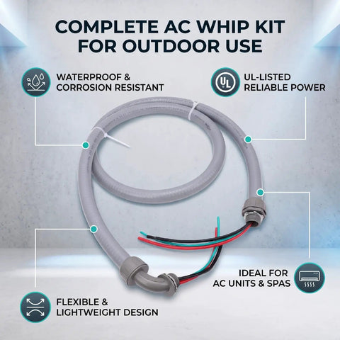 Straight Up Heavy Duty Electrical AC Whip Kit With Six Feet Liquid Tight Conduit And Pre Wired Eight Gauge Copper Conductors For A Plug And Play Setup That Kills Measuring Errors On Big Jobsites. Flexible outdoor AC whip kit with conduit and copper conductors.