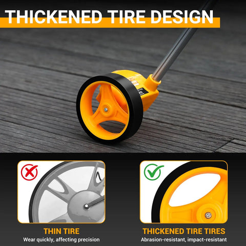 Thickened tire design of Dead On Precision 4 Inch Measuring Wheel with sturdy black rubber for enhanced durability.