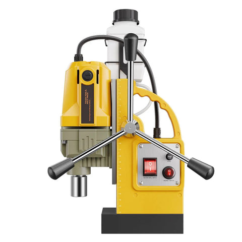 Kickass Magnetic Drill Press With 1400W Copper Motor, Runs Smooth At 800Rpm, Features Rock Solid Electromagnetic Grip, Boasts 1.6 Inch Boring Capacity, Comes Packed With Eleven Hss Core Bits For Slick Steel Work - side view showing motor, switches, and base.
