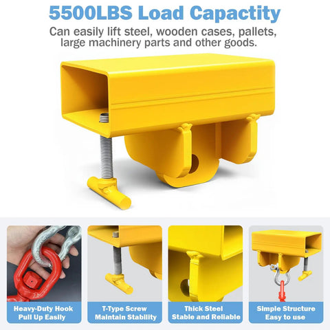 Heavy Duty Forklift Lifting Hook Attachment With 5500 Lbs Capacity, single fork mobile crane hoist shown with T-screw and steel build.