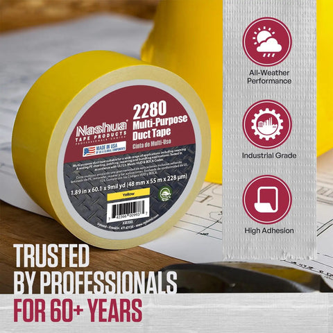 Yellow 2280 Multi-Purpose Duct Tape roll on table, industrial grade, all-weather, high adhesion, trusted by professionals.