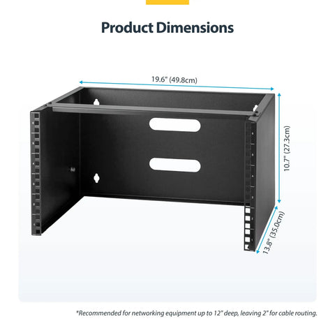 Heavy Duty 6U Wall Mount Network Rack With 19 Inch Width And 14 Inch Depth Rock Solid Construction front view with dimensions shown.