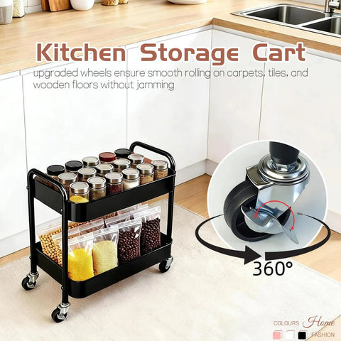 Two Tier Rolling Cart With Wheels For Under Desk Storage And Small Space Organization, black, in a kitchen with jars and pantry items.
