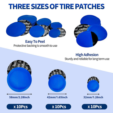 Top Shelf 33 Piece Tire Patch Kit With 30 Rubber Inserts In Three Sizes Plus Roller And Scraper for flat repairs, featuring blue rubber patches.