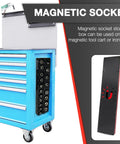 Shop Pro Magnetic Socket Organizer Set Keeps Your Setup Tidy Stores Up To Seventy Five Metric Sockets In 1/4 1/2 And 3/8 Sizes Black ABS frame mounted on blue tool cabinet.