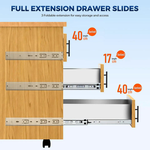 Front view of dresser with One Pair Soft Close Heavy Duty Metal Ball Bearing Full Extension Dresser Drawer Slides 16 Inch Side Mount