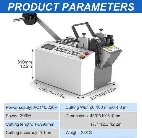 Automatic Electric Heat Shrink Tube Cutter Machine With Digital Display showing dimensions and specifications for precise cuts.