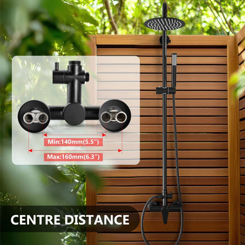 Heavy Duty Outdoor Shower Kit Including 8 Inch Rain Faceplate And Handheld Wand In Matte Black Done Right On 304 Stainless Steel showing adjustable distance details.