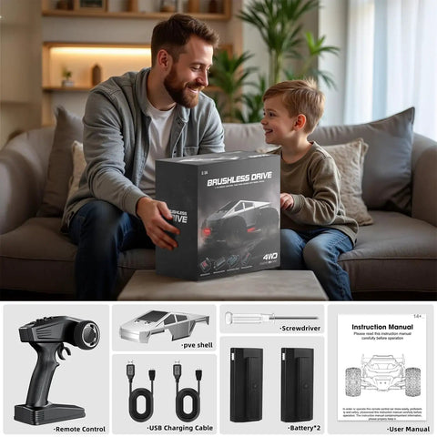 Father and son unboxing "Turn Up The Thrill With A Brushless One Sixteenth RC Monster Truck That Hits 35 MPH Dual 1500mAh Batteries"