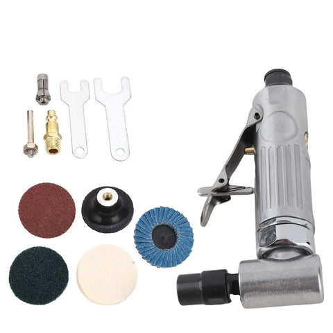 Badass Right Angle Air Die Grinder With Zero Point Three HP Motor And Built In Regulator Hits 20000Rpm For Gnarly Metal Grinds and Nitty Gritty Auto Detailing In Cramped Spots with accessories.