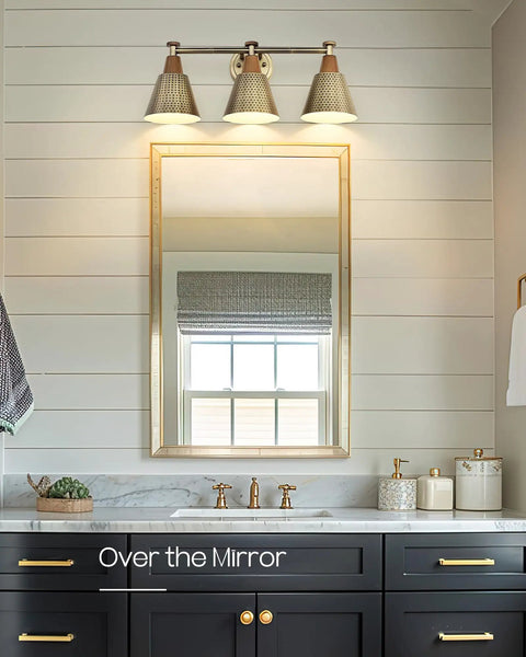 Antique Gold 3 Light Bathroom Vanity Light Fixture Industrial Modern Wall Sconce With Hammered Metal Shade E26 Base Dimmable Bulbs Not Included Dope Modern Vibe For Hallways And Bathrooms above mirror in bathroom setup